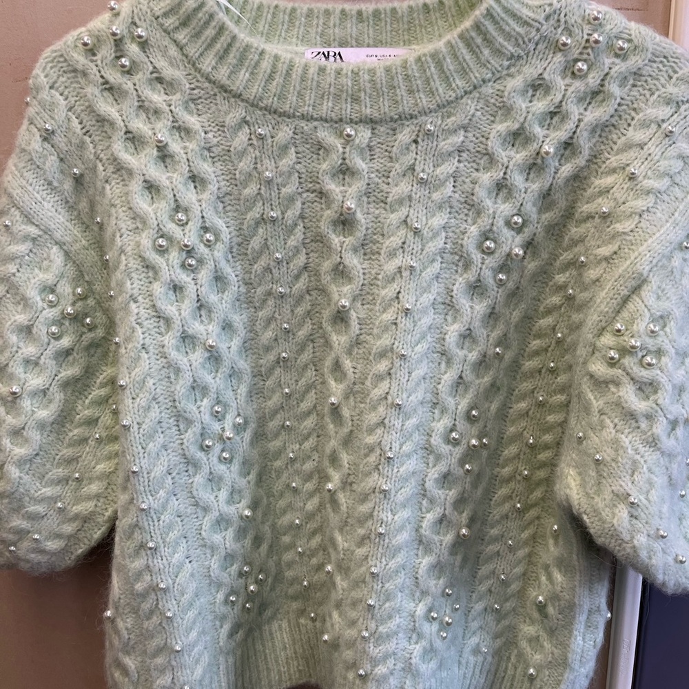 Zara Mint Green Sweater with Pearl Detailing- holiday perfect ! size small euc - Picture 3 of 15